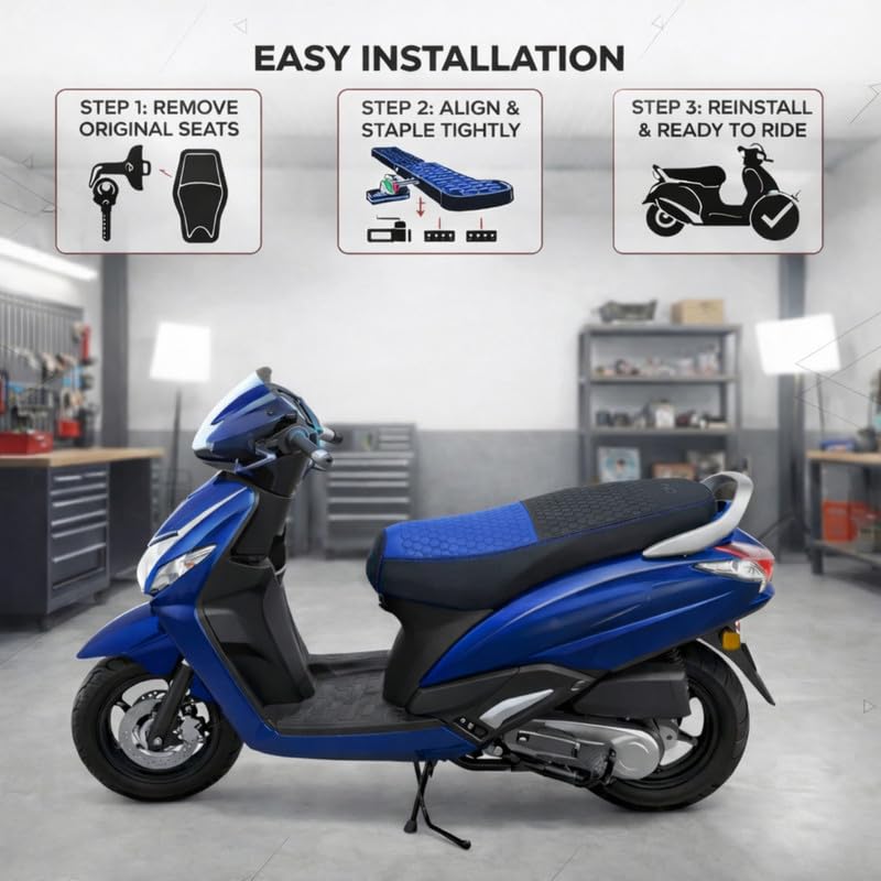 Image of Neodrift Premium Scooty Seat Cover - Suzuki E Access | Blue+Black | Anti-Slip & Shock-Absorbing Design | Water-Resistant Fit | Strip Cushioning | Professional Fit | Nappa Art Leather