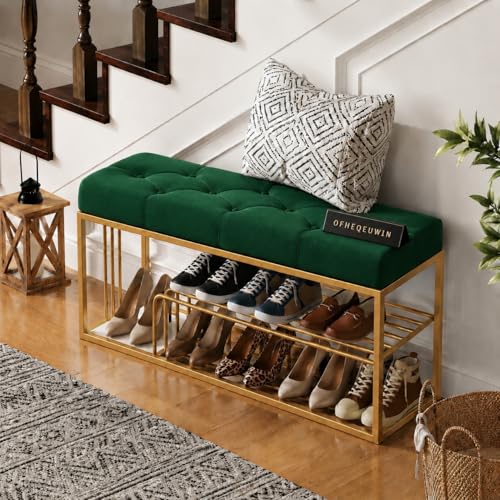 Image of Entryway Shoe Rack with Velvet Cushioned Seat, Shoe Bench for Entry, 2 Shelves Storage Bed Bench