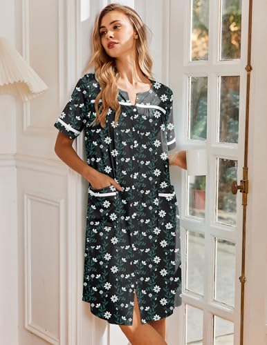 Image of Ekouaer Nightgowns for Women House Dress with Pockets Snap Front House Coat Short Sleeve Duster Moo Moos Sleepwear S-3XL