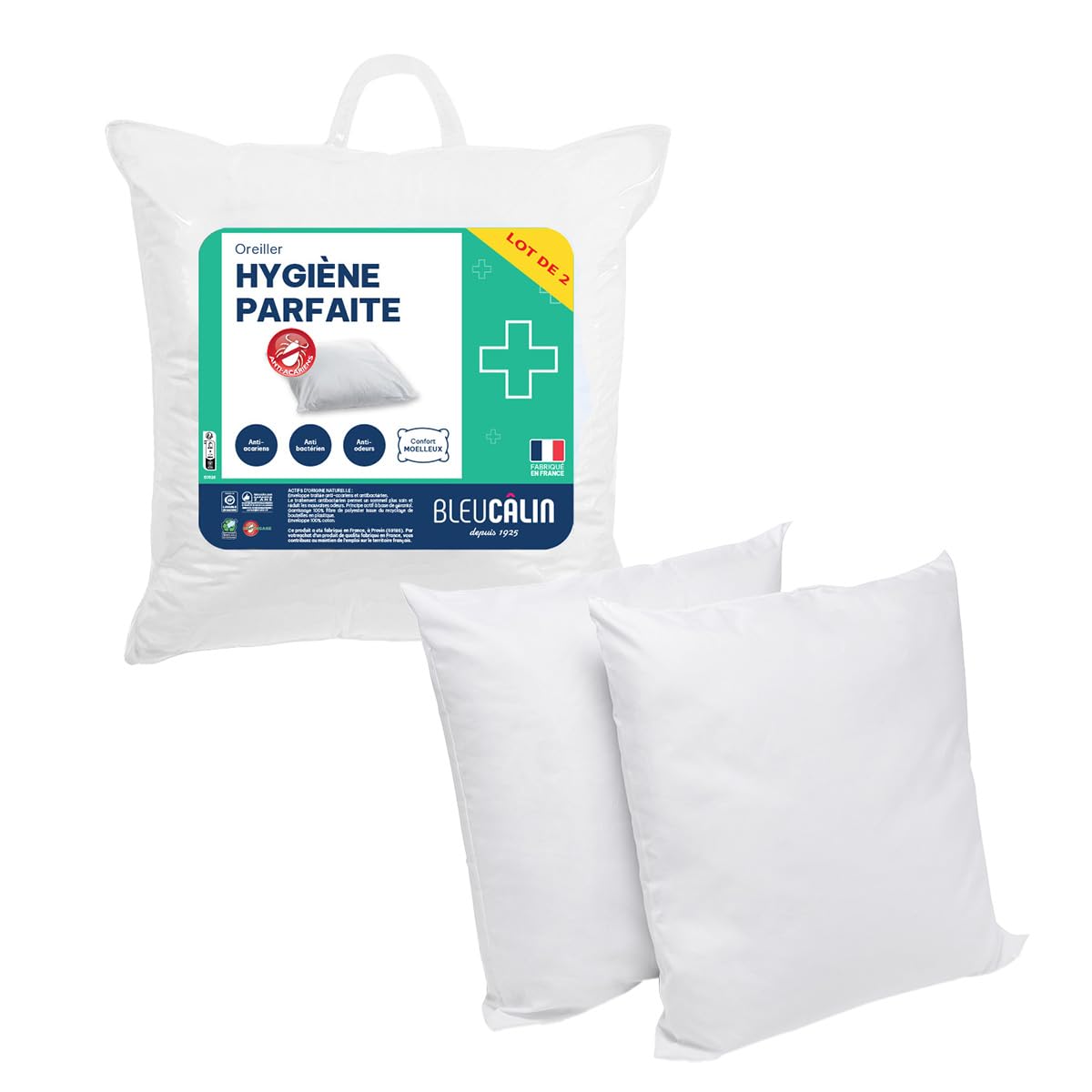 Bleu Câlin 2er-Set Rechteckige Kissen Anti-Milben, Anti-Bakterien, Flauschiger Komfor,t 60x60 cm, Hülle 100% Baumwolle, Sortiment Perfekte Hygiene
