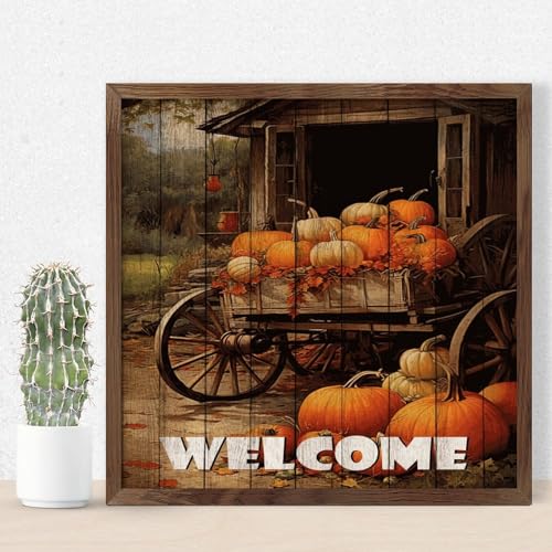 Décoration murale encadrée panneau bienvenue bois automne 30cm