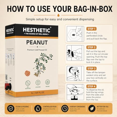 Image of HESTHETIC Cold Pressed Peanut (Groundnut) Oil 5L Bag-in-Box | Pure Moongfali Ka Tel | Unrefined High-Smoke-Point Cooking Oil, Rich in MUFA | Ideal for Indian Kitchen