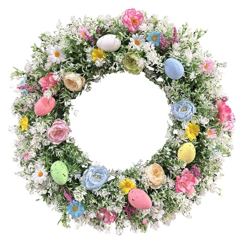 XunYee 24 inch Easter Wreath with Pastel Eggs Artificial Easter Wreaths for Front Door Outside Colorful Spring Floral Wreath for Front Door Home Wall Garland Hanging Ornament Easter Spring Decorations