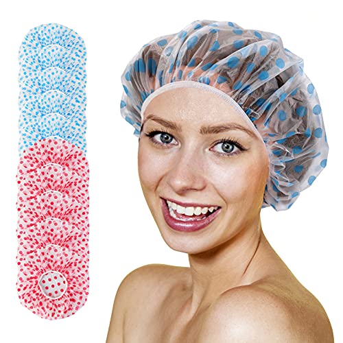 10 Pcs Shower Caps, Waterproof EVA Shower Caps for Women/Men, Reusable Elastic Bathing Hair Cap for Beauty Spa Salon Home Hotel Travel Use Dot Printed Bath Caps (5pcs Red &5pcs Blue)