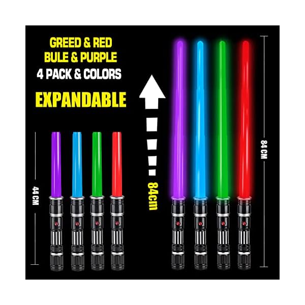 4 pack 4 colors light up saber, led light swords with fx sound(motion sensitive) and realistic handle, expandable light up toy for kid adult, warriors and galaxy war fighter, halloween party xmas gift - image 3
