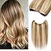 100% Human Hair Extensions Hidden Crown Long Straight One piece Secret Fish Line Wire In Hairpiece No Clips No Glue With Transparent Invisible Rubber Band #12P613 Golden Brown&Bleach Blonde 22' 75g