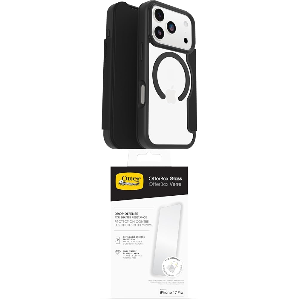 OtterBox React Series Folio MagSafe funda para iPhone 17 Pro, Testada según los Estándares Militares, Negro + OtterBox Glass Protector de Pantalla de Cristal Templado para iPhone 17 Pro