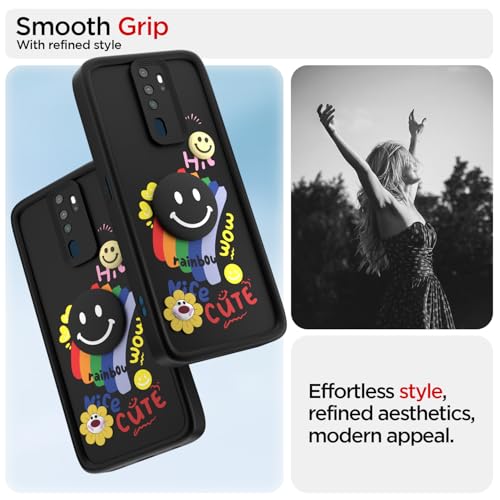 Image of Pikkme Back Cover for Oppo A5 2020 / A9 2020 | Soft Silicone| Cute Rainbow Smile & 3D Cartoon Flower Design | Shockproof Raised Camera Protection Bumper Case (Black)
