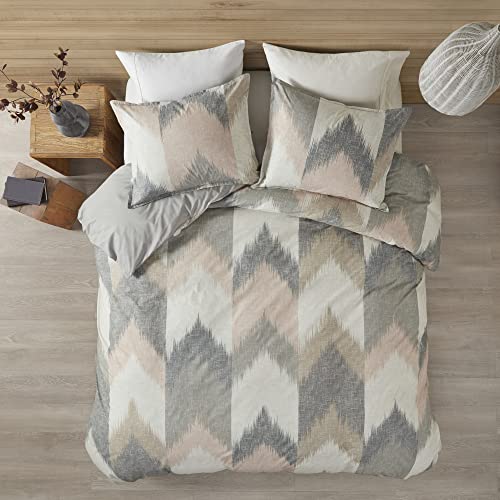 Image of Ink+Ivy Alpine Duvet Cover Full /Queen Size - Blush, Grey, Ivory , Pieced Chevron Duvet Cover Set - 3 Piece - 100% Cotton Light Weight Bed Comforter Covers