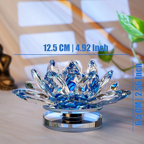 Image of FengShui Crystal Lotus Flower Showpiece & Paper Weight | Vastu Decor for Home & Office | Desk Decoration | Fengshui Items for Home Decor, Wealth & Gifting | Blue (Large-12.5 x 6.5 CM)