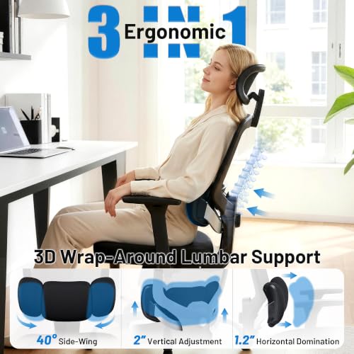 Image of Ergonomic Office Desk Chair, High Back Breathable Mesh Computer Chair, 3D Lumbar Support, 2D Headrest & 3D Armrests, 300lbs Heavy Duty Task Chair for Home Office Work Gaming, Black