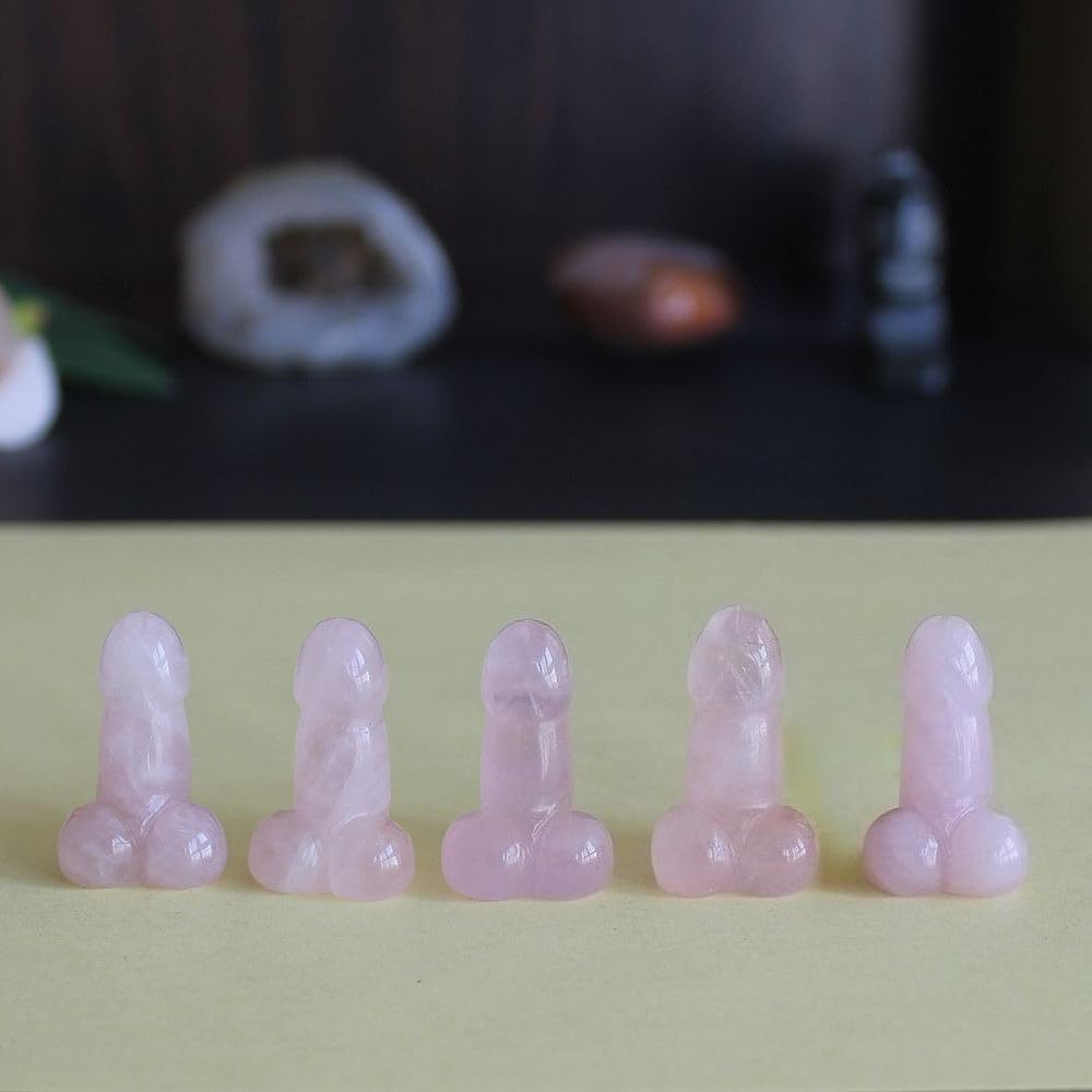5pcs Mini Carved Rose Quartz Crystal Gemstone Man genital Penis Testicle Figurine Statue Heart Lovely Pocket Stone Lover Gift 1''