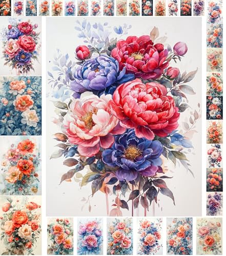 Image of Decoupage Paper Pack (35 Sheets 6"x8") Peony Elegance: Lavish Peony Blossoms in Soft Pastel and Rich Hues with Delicate Petals and Lush Botanical Accents FLONZ Vintage