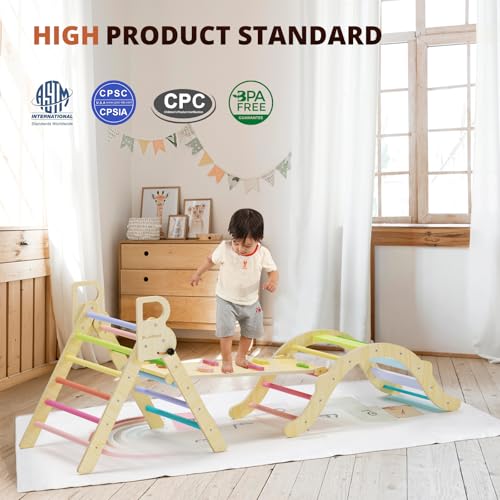 bluewood pikler triangle set toddler wooden climbing toys indoor 7in1 foldable climber for kids montessori philosophy play jungle gym with arch ramp ladder colorful spring