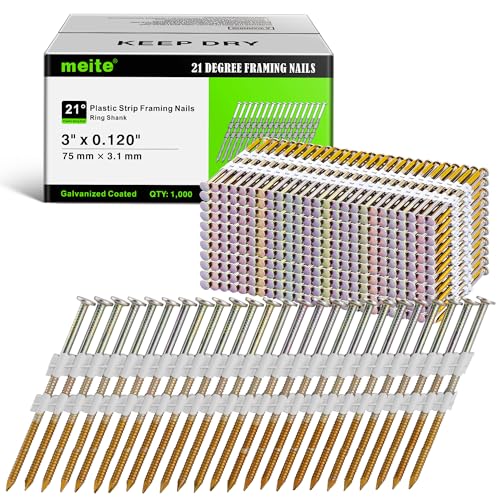 meite 21 Degree Framing Nails 3 Inch 0.120'' Ring Shank Galvanized Plastic Collated Nails, Full Round Head Structural Nails for Framing Nailer Gun on Truss Assembly and Subfloors 1,000PCS