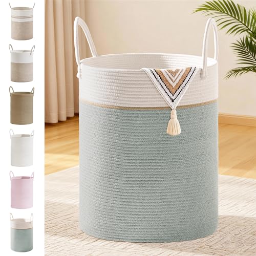 Image of 88L Large Tall Cotton Rope Laundry Basket with Handles, Sage Green