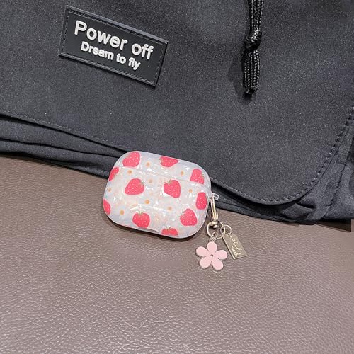 Image of MINSCOSE for Cute Glitter AirPods Pro /Pro 2 Case,Shell Pattern Girly Strawberry Design with Trendy Floral Keychain,Soft TPU Protective Cover with Cleaner Kit for Girls Women for AirPods Pro /Pro 2-Red