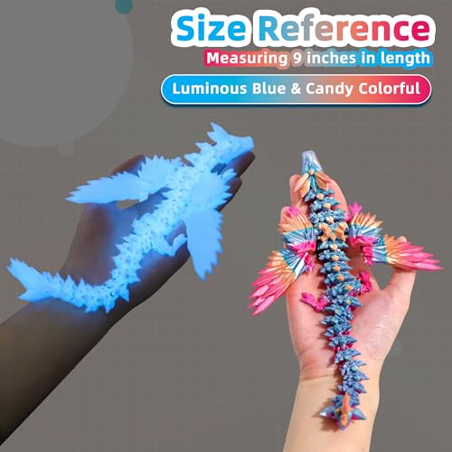 Image of 2 Pack 3D Printed Dragon with Wings - 9 inch Flying Dragon, Flexible Articulated Winged Animal, Office Desk Pet Toy, Home Decor, Easter Basket Stuffers (Candy Rainbow+ Glow Blue)