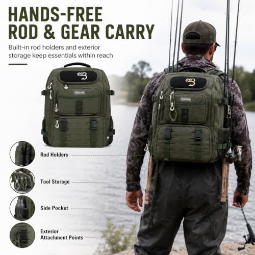 Image of Baitium Fishing Backpack, Tackle Bag With Rod Holders, 40L Capacity With Cooler, Rain Cover, Insulated Pocket, 4 Tackle Trays Included - (Grey)
