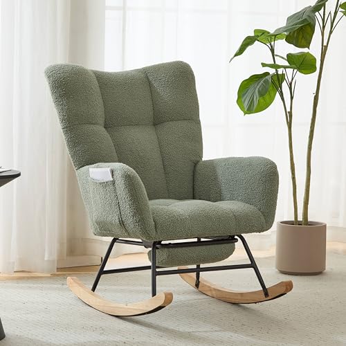 Image of ETCZOYE Nursery Rocking Chair Teddy Upholstered Glider Rocker with Footrest Accent Chair with High Backrest Armchair Comfy Side Pocket Chair for Living Room, Bedroom, Offices (Large Green)