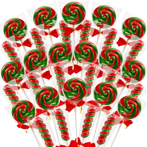 Product Image of the 32 Count Red-and-Green Striped Lollipops with Red Ribbon Bow,Twisty 16 & Swirl 16 Mixed Candy Lollipops Individually Wrapped Bulk, Christmas-Themed Lollipop Candy Gifts for Christmas Stocking Stuffer
