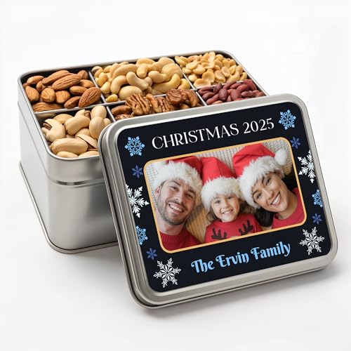 Personalized Nuts Gift Basket, Custom Assorted Nuts Gift Box for Christmas, 6 Sectional Gourmet Mixed Nuts in Rectangle Tin, 2 lbs. (Design 6)