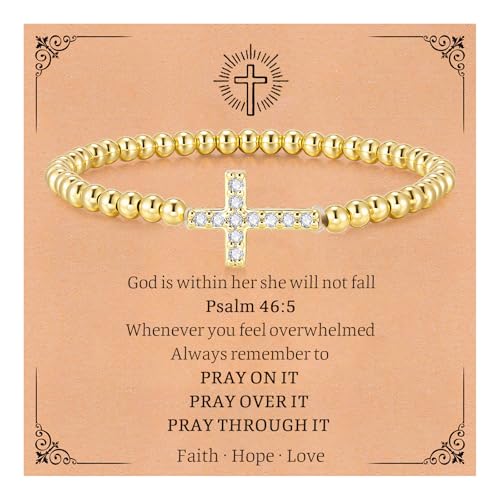 Gold Cross Bracelet for Women - 14K Gold Plated Stretch Beaded Bracelet - image 1