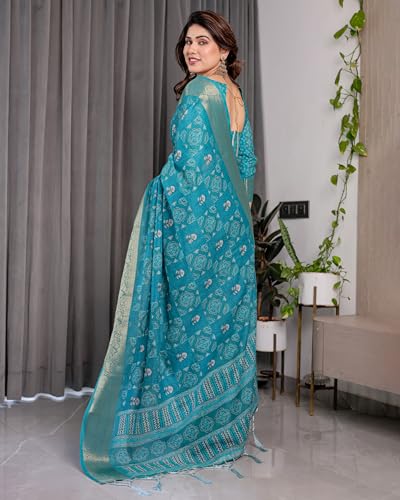 Image of ALMAARI FASHION Handloom Cotton Linen Saree for Women with Floral Printed Design and Tassel Pallu, Traditional Ethnic Lightweight Saree for Daily Office Festive with Blouse Piece