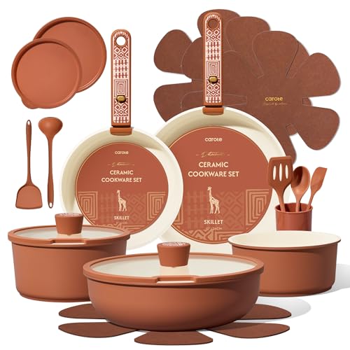 Image of CAROTE 21-Piece Ceramic Cookware Set, Nonstick Pots and Pans Set with Detachable Handle, Non-Toxic Kitchen Cooking Set, Induction Compatible, Dishwasher & Oven Safe, Terracotta