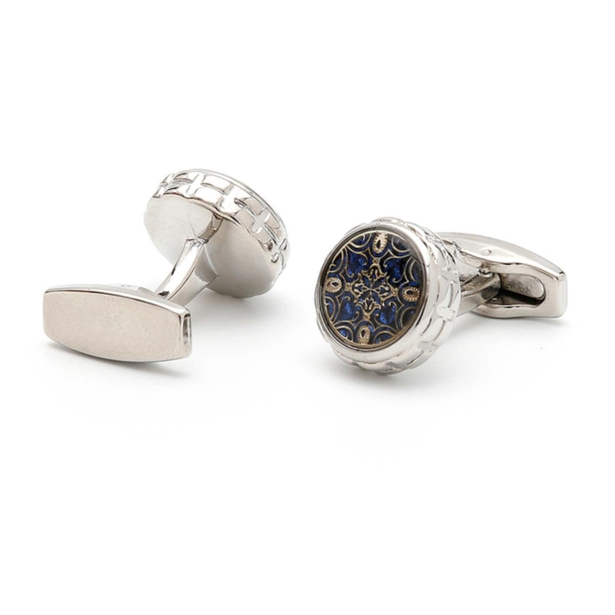YAHOYA Gemelos Plata Patrón azul personalizado Hombre Redondo Botón Vestir Camisa Puño Enlaces Regalos de boda Joyería