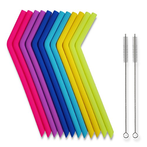 Tifanso Reusable Silicone Drinking Straws - 14 Pieces Big Size Flexible Straws Including