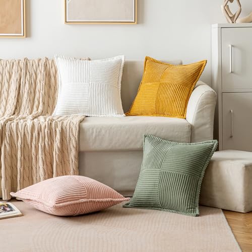Image of MIULEE Decorative Throw Pillow Covers for Couch Bed Livingroom 20x20 Inch Set of 2 Light Olive Green Boho Accent Throw Pllows Broadside Striped Patchwork Soft Corduroy Summer Pillowcases