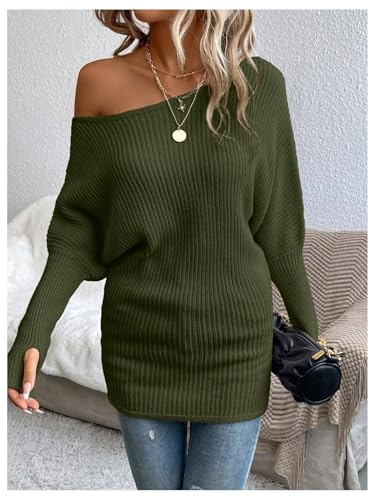 Image of SOLY HUX Sweaters for Women Off The Shoulder Long Sleeve Knit Fall Sweater Pullover Tops Pure Green Small