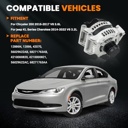 Image of 160A High Output Alternator Compatible with 2015-2017 Chrysler 200 3.6L, 2014-2022 Jeep Cherokee V6 3.2L, 12V Alternator 6-Groove Decoupler Pulley Clockwise, Replace# 4210000820, 56029622AB