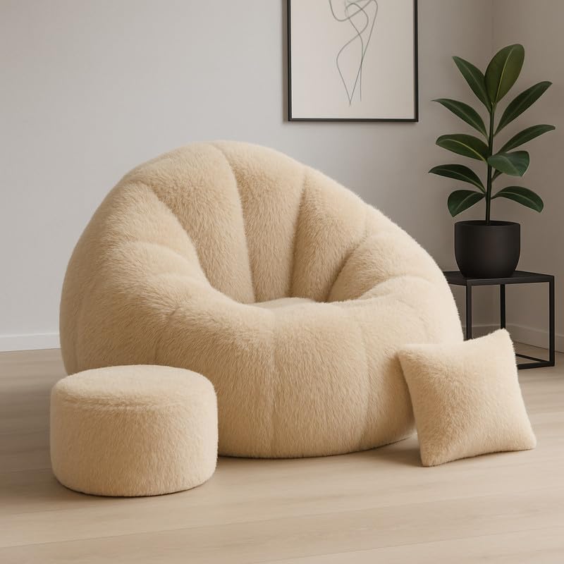 Biggie Bean Bag Chair 5XL with Beans Filled-Cuddle Cloud-Ultra Plush Soft Fur-Crafted for Comfort-Blissful Comfort Bold Style with Free Cushion & Footrest (Matching Color : Fur, Cream)