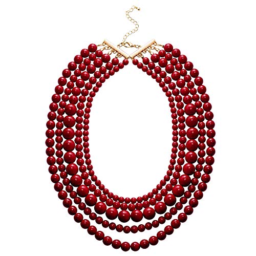 Jane Stone Fashion Faux Turquoise Necklace Acrylic 5-Row Multi-Layered Collar Women (Red)