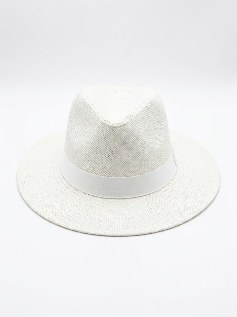Cappello Panama a Tesa Larga Estivo Unisex in Paglia Leggera con Nastro Bianco, Cappello da Sole Traspirante Regolabile - Bianco V028