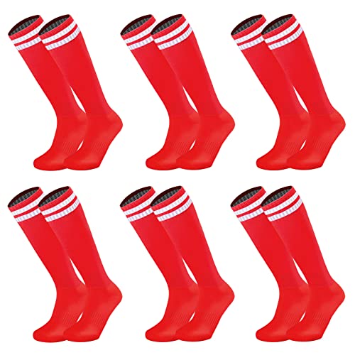 6 Paar Kinder-Fußballsocken für Jugendliche, massiv, gestreift, kniehoch, Fußball-Sportsocken für Jungen und Mädchen von 6-12 Jahren, 6pairs-red, Einheitsgröße Cover