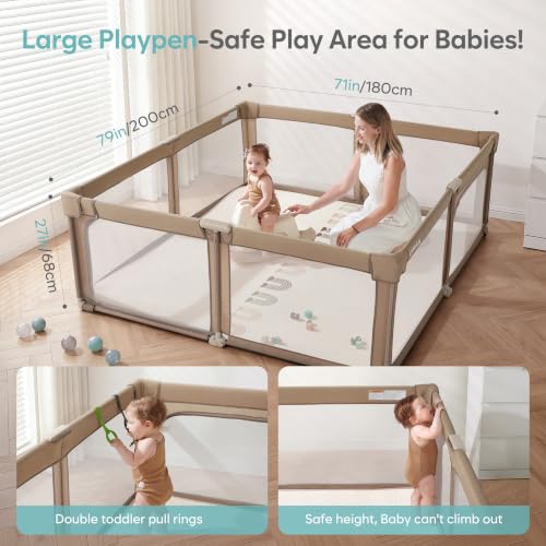 Image of Baby Playpen Portable, Pre-Assembled Play Pen 59x59 Large Foldable Playpen for Babies and Toddlers, Sturdy and Safe Toddler Play Yard Indoor Outdoor with Carry Bag, Dark Khaki