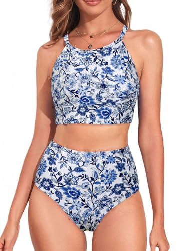 Image of Herseas Women's Bikini Sets High Neck Tropical Leaf Print High Waisted Two Pieces Swimsuits Bathing Suits