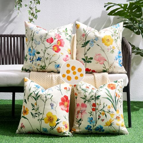 Velvhom Fundas de cojín 40x40 cm Juego de 4, Estilo Campo rústico, Motivos de Flores Silvestres Multicolores, Impermeables, para sofá, Cama, salón y jardín