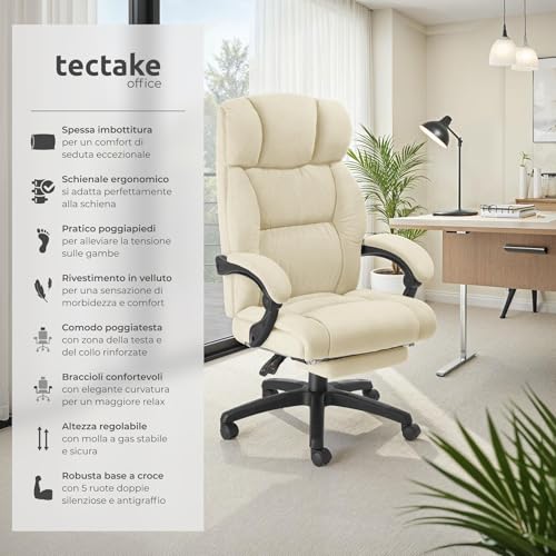 ® Sedia Ufficio Ergonomica, Poltrona relax con Poggiapiedi Estraibile, Sedia Gaming per Scrivania Gaming, Imbottitura in Velluto, Altezza Regolabile, Rotazione a 360°, 5 Ruote Doppie - Beige - Sedia gaming - Immagine 2