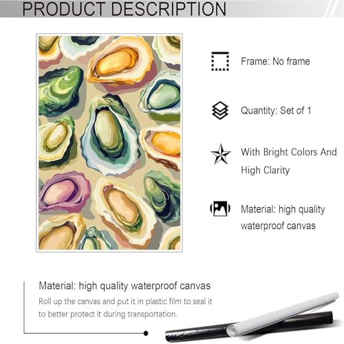 Image of Colorful Beachy Shell Canvas Wall Art Funny Coastal Oyster Shell Poster Abstract Summer Seaside Beach House Prints Painting For Home Living Room Kitchen Restaurant Wall Decor 16x24in Unframed