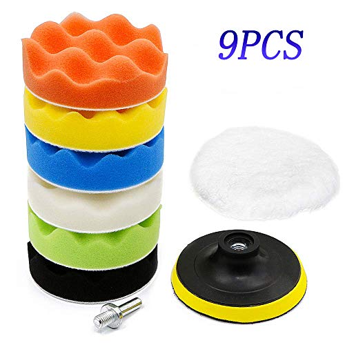 HOMEJIA 9PCS Sponge Polishing Waxing Buffing Pads Kit 5/6/7Inch Car Polishing Sponge and Wool Polishing Waxing Buffing Pads Kit Set Compound Auto Car Polisher with Drill Adapter (6 Inch)