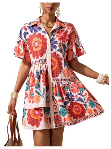 Image of SOLY HUX Women's Floral Button Down Shirt Dress Collared Short Sleeve Ruffle Babydoll Summer Boho Vacation Short Dresses