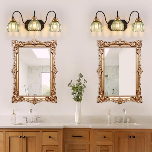 Image of Vintage Gold Bathroom Light Fixtures,3 Light Green Tulip Crystal | Brushed Gold Vanity Lights,Matte Antique Brass Finish, Mid Century Style,Wall Sconces for Bedroom,Hallway,Easy to Install