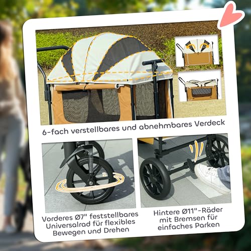 PawHut 2 in 1 Hundewagen Hundebuggy klappbar für Hunde & Katzen bis 30 kg Bollerwagen mit Kissen Netzfenstern 2 Türen Aufbewahrungstasche Katzenwagen Buggy Braun