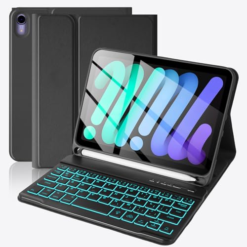 Image of SOPPY for iPad mini 7 Keyboard Case A17 Pro 2024 /iPad Mini 6 Generation Case with Keyboard 2021 8.3 Inch, 7 Color Backlit Detachable Keyboard Cover for iPad mini 7th /6th Gen, US Layout, Black