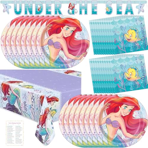 The Little Mermaid Party Decorations - Serves 16 - Ariel Birthday Party Supplies - Plates Napkins Table Cover Banner - Officially Licensed