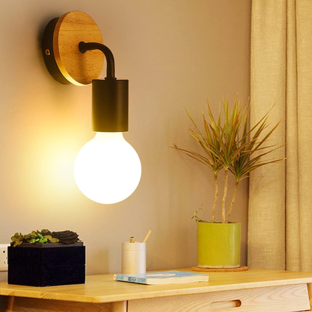 Chao Zan E27 Wall Lamp Holderg,Industrial Wall Light，Wooden Metal Wall Sconce Edison Lights Fixture Vintage Style for Bedroom, Living Room, Office, Study, Corridor,Black (1-Pack, Without Bulb)